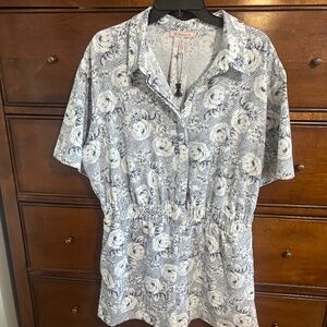Gently Used BCBG Blue And White One Piece Floral Romper Button Up-Large